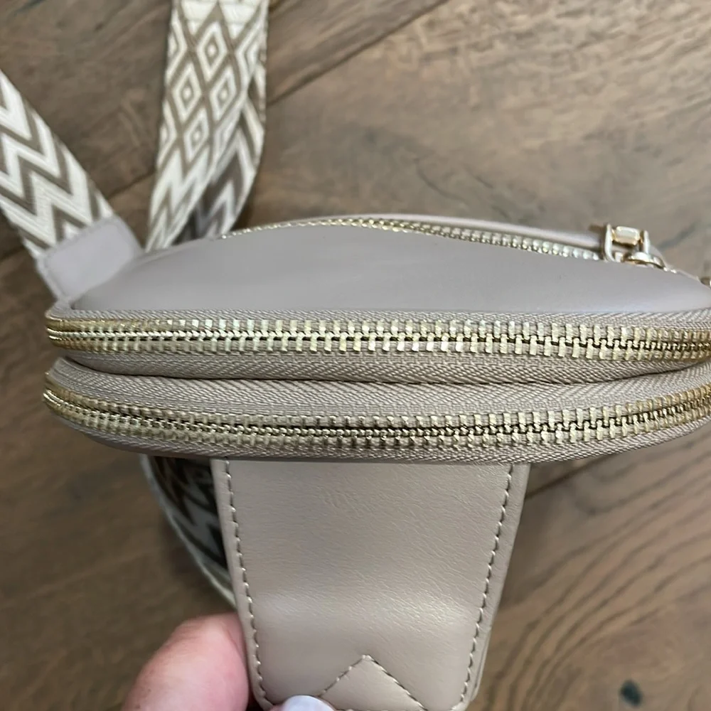 Tan Crossbody Bag Adjustable Decorative Strap Pockets Gold Hardware